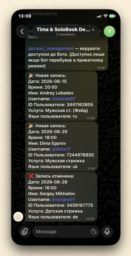 New booking notification for the master in Telegram